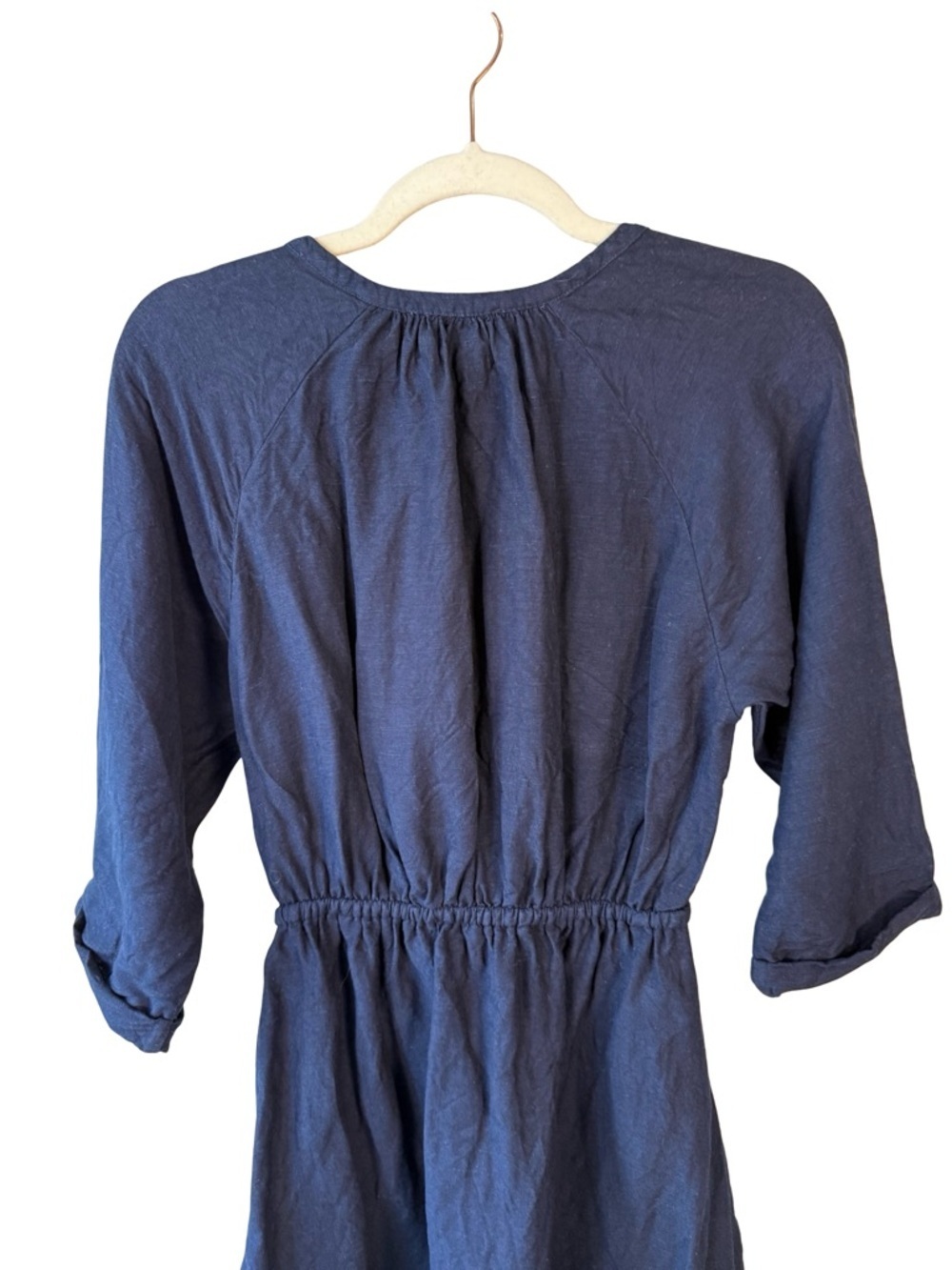 per una Navy Button-Front Midi Linen Dress with Drawstring Waist Size S or M - Picture 10 of 11